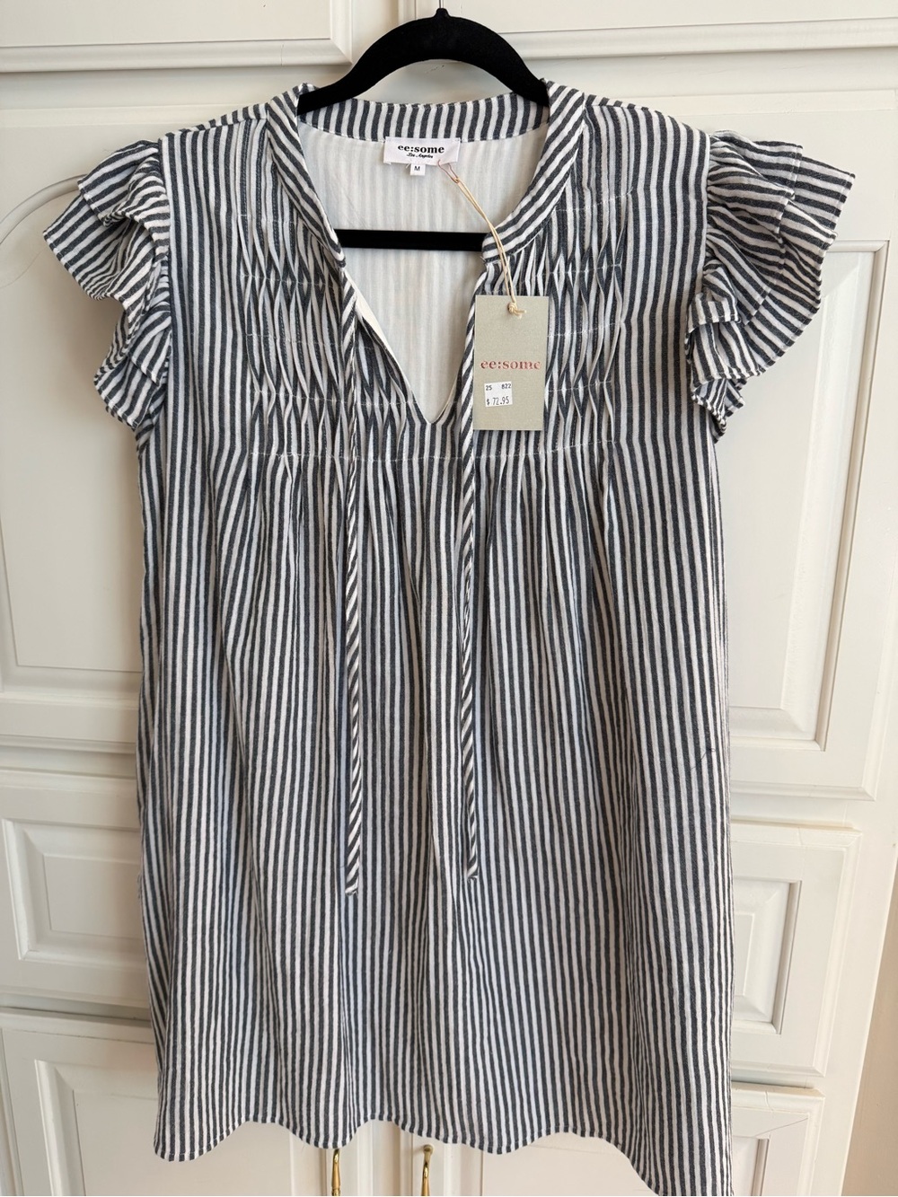 Cecisome Navy & White Striped Ruffle Sleeve dress